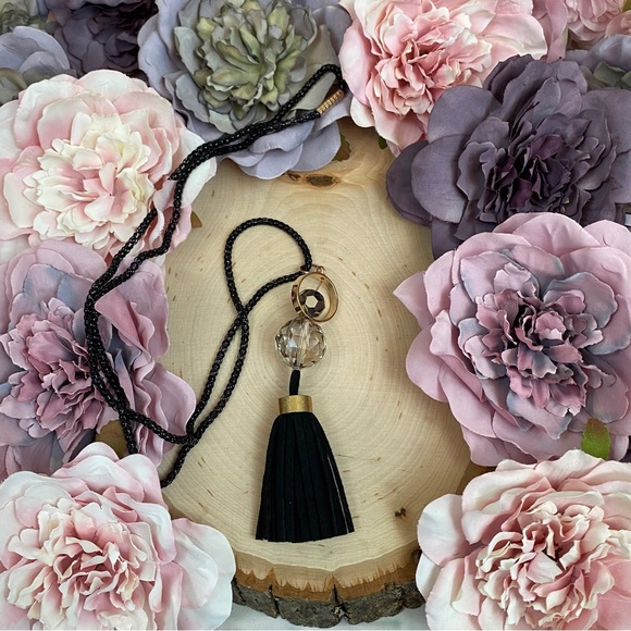 Chic Clear Sphere Long Black and Gold Tassel Necklace - Picture 5 of 11